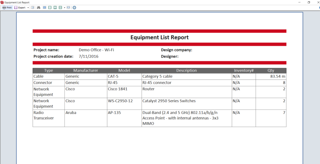 Equipment List Report