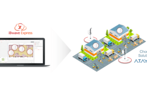 iBwave Express software on a laptop and diagram of buildings with Ataya Chorus Solution for Private 5G